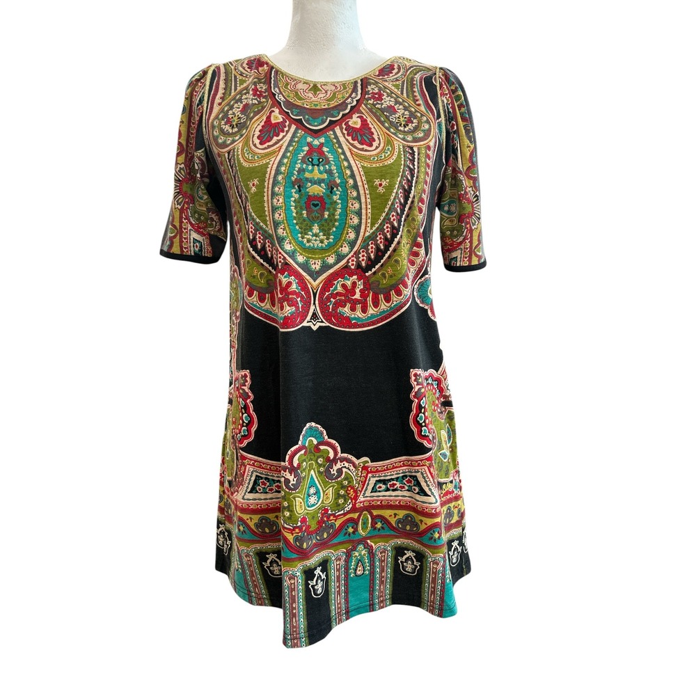 XXI Forever 21 Womens Black Paisley Print Short Sleeve Shift Dress Small ST9591